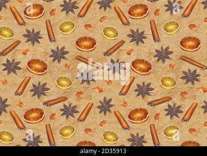 Christmas  vintage background with watercolor hand drawn anise stars, cinnamon sticks, sugar cubes and citrus slices Stock Photo