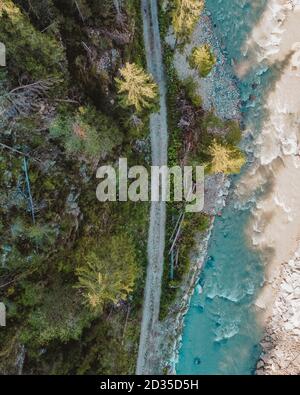 BOLZANO, ITALY - Aug 13, 2020: street in the mountains taken with a drone Stock Photo