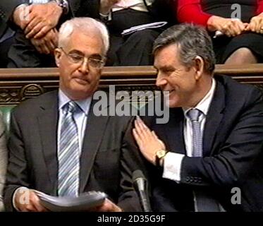 Chancellor of the Exchequer Alistair Darling and Prime Minister Gordon Brown after the Chancellor's Budget speech in the House of Commons, London. Stock Photo
