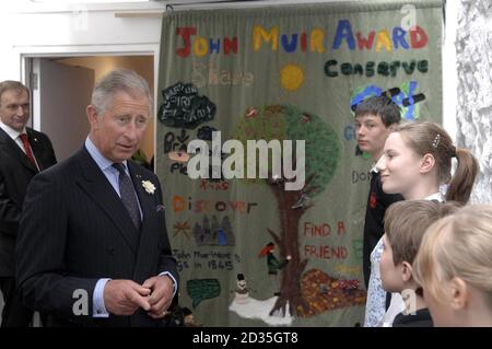 The Duke of Rothesay, also known as the Prince of Wales, meets pupils from S2 and S4 from Dunbar Grammar School, during a visit to the area. Stock Photo