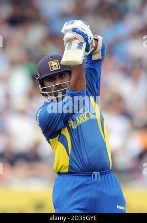 Sri Lanka's Mahela Jayawardene reacts after being bowled out by Ireland's Alex Cusack during the ICC World Twenty20 Super Eights match at Lord's, London. Stock Photo
