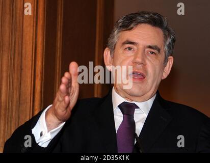 British Prime Minister Gordon Brown speaks to the press during a press conference with Prime Minister of Pakistan, Syed Yousuf Raza Gilani at Downing Street in London. PRESS ASSOCIATION Photo. Picture date: Thursday December 3, 2009. Gordon Brown will renew pressure on Pakistan to play its role in the Afghanistan campaign in Downing Street talks with Mr Raza Gilani. See PA story POLITICS Afghanistan. Photo credit should read: Andy Rain/PA Wire Stock Photo