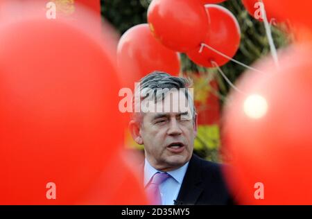 Prime Minister Gordon Brown's speaks at a Labour Party member's home in the constituency of Cardiff North today where he held a rally in support of the present MP Julie Morgan, while on the General Election campaign trail. Stock Photo