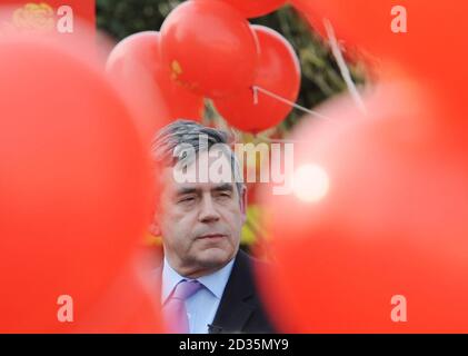 Prime Minister Gordon Brown's speaks at a Labour Party member's home in the constituency of Cardiff North today where he held a rally in support of the present MP Julie Morgan, while on the General Election campaign trail. Stock Photo