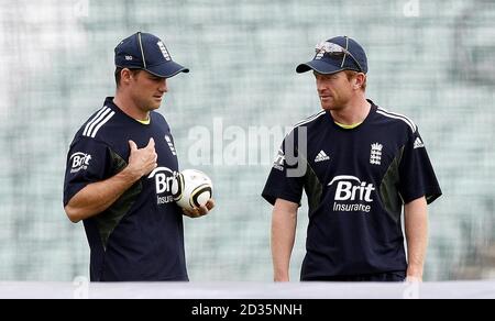 England's Andrew Strauss and Paul Collingwood (right) during the nets session at The Brit Oval, London. Stock Photo