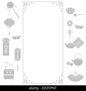 Symbols of Chinese New Year 2021 Vector illustration Chinese lantern, rattle, tangerines, envelope with money, drum, ingot, fan, food sweet rice balls Stock Vector