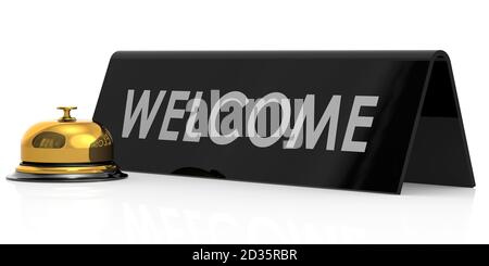 Golden bell with welcome sign, 3D rendering Stock Photo