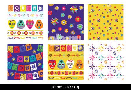Day of the dead, Dia de los muertos, seamless patterns with traditional colorful Mexican patterns. Fiesta, holiday poster, party flyer, funny greeting Stock Vector