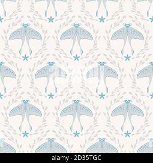 Cozy floral damask seamless pattern. Light beige and blue butterfly. Vector gray branches with leaves modern farmhouse. . Vector illustration Stock Vector