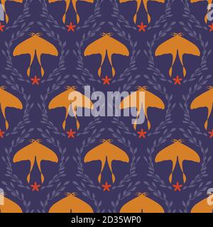 Orange butterfly. Floral purple branches. Bright Damask leaves vector pattern. Vector illustration Stock Vector