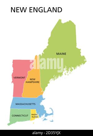 New England region, colored map. A region in the United States of America, consisting of six states. Stock Photo