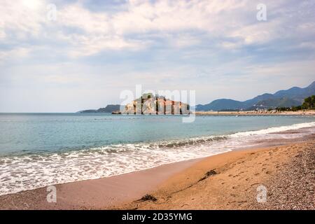 Sveti Stefan, small islet and resort in Montenegro. Balkans, Adriatic sea, Europe. Travel concept, background. Stock Photo