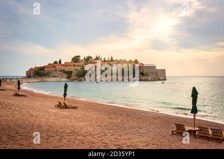 Sveti Stefan, small islet and resort in Montenegro. Balkans, Adriatic sea, Europe. Travel concept, background. Stock Photo