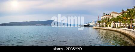 Beautiful panoramic photo of Tivat promenade and Porto Montenegro marina in the Adriatic, Montenegro, Bay of Kotor. Travel concept, background. Stock Photo