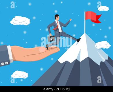 Businessman on chart ladder is fast running with waving necktie and briefcase. Goal setting. Smart goal. Business target concept. Achievement and success. Vector illustration in flat style Stock Vector