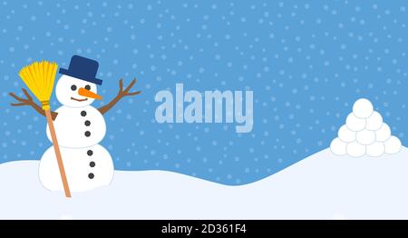 Snowballs and snowman before a snowball fight. Blank label for invitation  for winter fun. Comic illustration on snowfall background Stock Photo -  Alamy