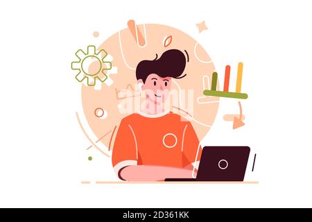 Young guy working on laptop flat style Stock Vector