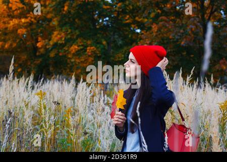 Beautiful caucasian woman standing in the field near a colorful autumn forest and looking to the side. Stock Photo