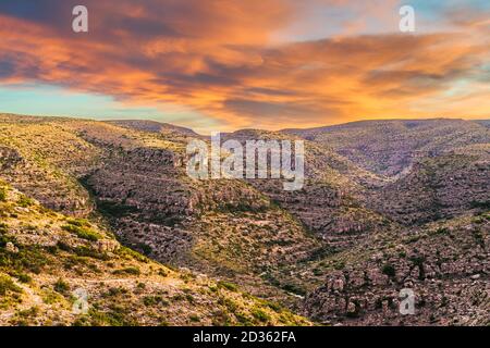 Carlsbad Cavern National Park, New Mexico, USA overlooking Rattlesnake Canyon just after sunset. Stock Photo