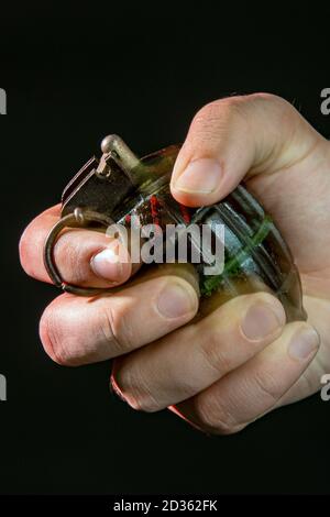 Hand Grenade, Bomb, White Background, Military, Weapon, Cut Out, Green Color, Ammunition, Single Object, War, Danger, Photography, Manufactured Object Stock Photo