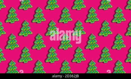 Pattern christmas pixel tree on pink background Stock Vector