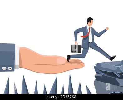 Businessman jumps to goal through abyss with thorns. Business man jump between gap. Obstacle on road, financial crisis. Team work, cooperation. Risk management challenge. Flat vector illustration Stock Vector