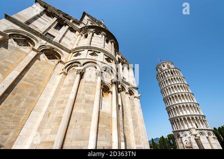 Pisa, the Leaning Tower and the Cathedral (Duomo di Santa Maria Assunta), Piazza dei Miracoli (Square of Miracles). Tuscany, Italy, Europe Stock Photo