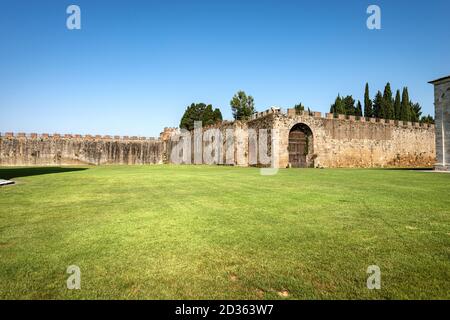 Medieval walls of the Pisa city (1155-1161), view from the Piazza dei Miracoli (Square of Miracles), Tuscany, Italy, Europe Stock Photo