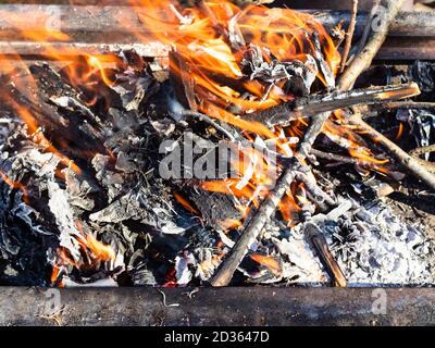 burning tree branches in outdoor brazier close up Stock Photo