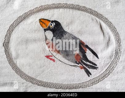detail of handcrafted curtains of screen - hand-drawn toucan bird in sumi-e style hand-painted with acrylics on linen Stock Photo