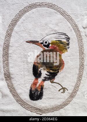 detail of handcrafted curtains of screen - hand-drawn hoopoe bird in sumi-e style hand-painted with acrylics on linen Stock Photo