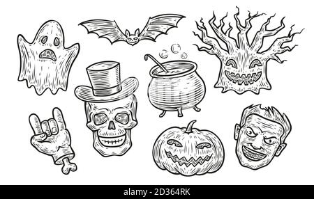 Halloween symbol set. Hand drawn vintage vector illustration Stock Vector