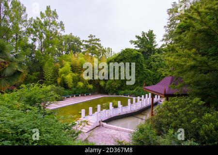 A Chinese-style gazebo surrounded by bright green trees in a park. Stock Photo
