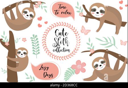 Cute sloth character set. Collection of design elements with trees, plants, flowers. Kids baby clip art funny smiling forest animal, sticker. Vector Stock Vector