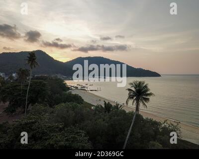 Teluk Bahang, Penang/Malaysia - Mar 08 2020: Aerial view sunset at Teluk Bahang. Stock Photo