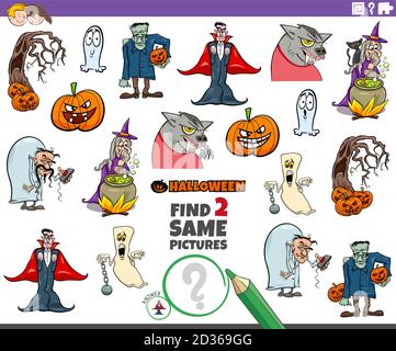 Cartoon Illustration of Finding Two Same Pictures Educational Game for Kids with Halloween Characters Stock Vector