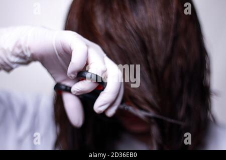 Creating self-hair style with hair dryer in quarantine. Hand in latex  gloves with hair-dryer. Selective focus. Set of part Stock Photo - Alamy