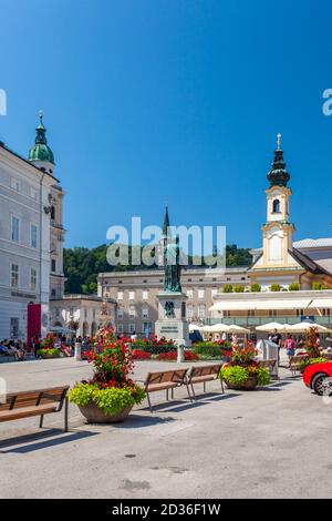 Mozartplatz, a historic landmark in central Salzburg. It is a square best known for its memorial statue of composer Wolfgang Amadeus Mozart. Stock Photo