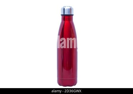 Steel or aluminium thermo water bottle. Red reusable metal bottle.
