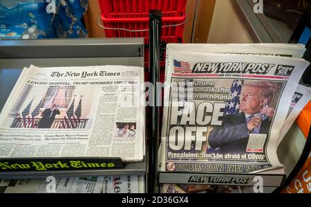 Front pages and headlines of the New York newspapers on Tuesday, October 6, 2020 report on the previous days’ news of President Donald Trump leaving Walter Reed National Military Medical Center after being treated for contracting Covid-19. (© Richard B. Levine) Stock Photo