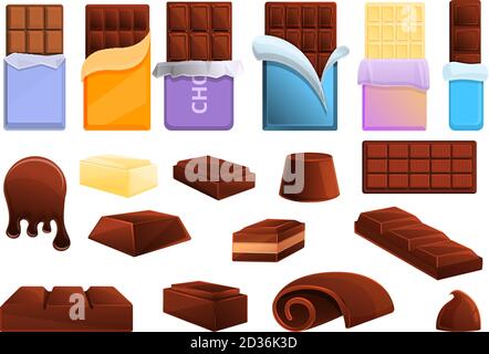 Chocolate icons set. Cartoon set of chocolate vector icons for web design Stock Vector