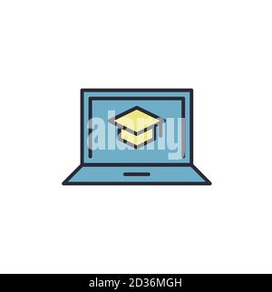 Laptop with academic cap vector icon symbol isolated on white background Stock Vector