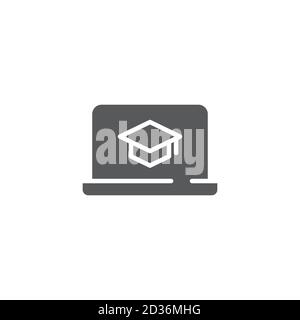 Laptop with academic cap vector icon symbol isolated on white background Stock Vector