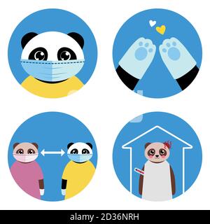 Preventing spread of Coronavirus - safety tips illustrated by cute cartoon panda bear. Wear a mask, use gloves, keep distance, stay home. For kids Stock Vector