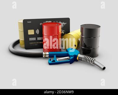 3d Rendering of pump nozzle and oil barrels and credit card, clipping path included Stock Photo