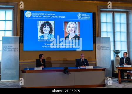 Stockholm, Sweden. 07th Oct, 2020. Photo taken on Oct. 7, 2020 shows the announcement of the two laureates of the 2020 Nobel Prize at the Royal Swedish Academy of Sciences in Chemistry in Stockholm, Sweden. The 2020 Nobel Prize in Chemistry has been awarded to two scientists for their discovery on genome editing, the Royal Swedish Academy of Sciences announced on Wednesday. The prize went to Emmanuelle Charpentier with the Max Planck Unit for the Science of Pathogens in Germany and Jennifer A. Doudna from the University of California, Berkeley 'for the development of a method Credit: Xinhua/Al Stock Photo