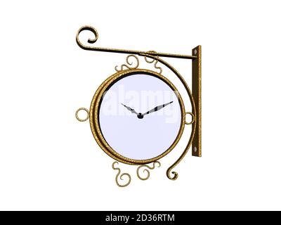 large metallic clock hangs on the house wall Stock Photo