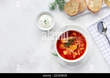 traditional Russian Ukrainian red borscht. Stock Photo