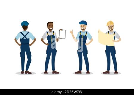 Set of Labor male people in uniform,front and back view Stock Vector