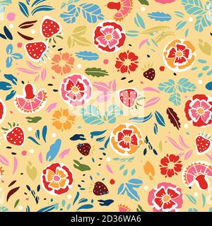 Retro folk art wild rose pattern. Vintage embroidery style hand drawn floral design. Colourful stylized florals on cream colored background. Cute, fun background. Perfect for stationery, print and gift wrap. Stock Vector